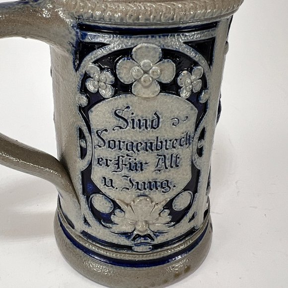 Vtg German Stein Beer Mug Cobalt Blue Grey Salt Glazed 16 oz Embossed Rustic 90s - Picture 5 of 13